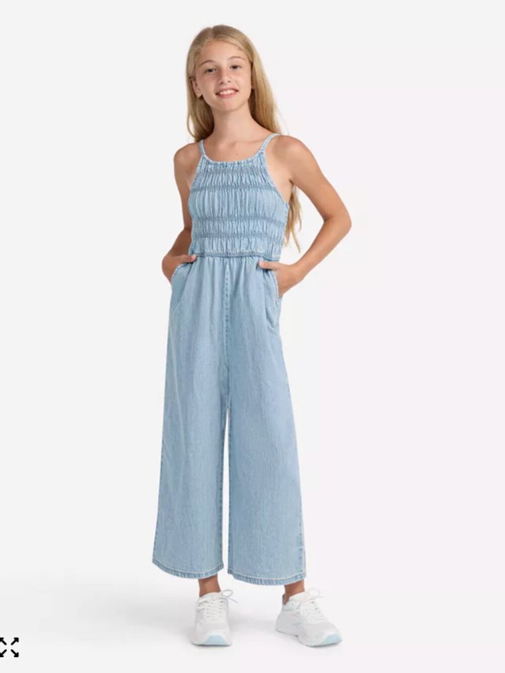 Abercrombie Kids High Neck Denim Jumpsuit Shirred Bodice Wide Leg Size 7/8 NEW